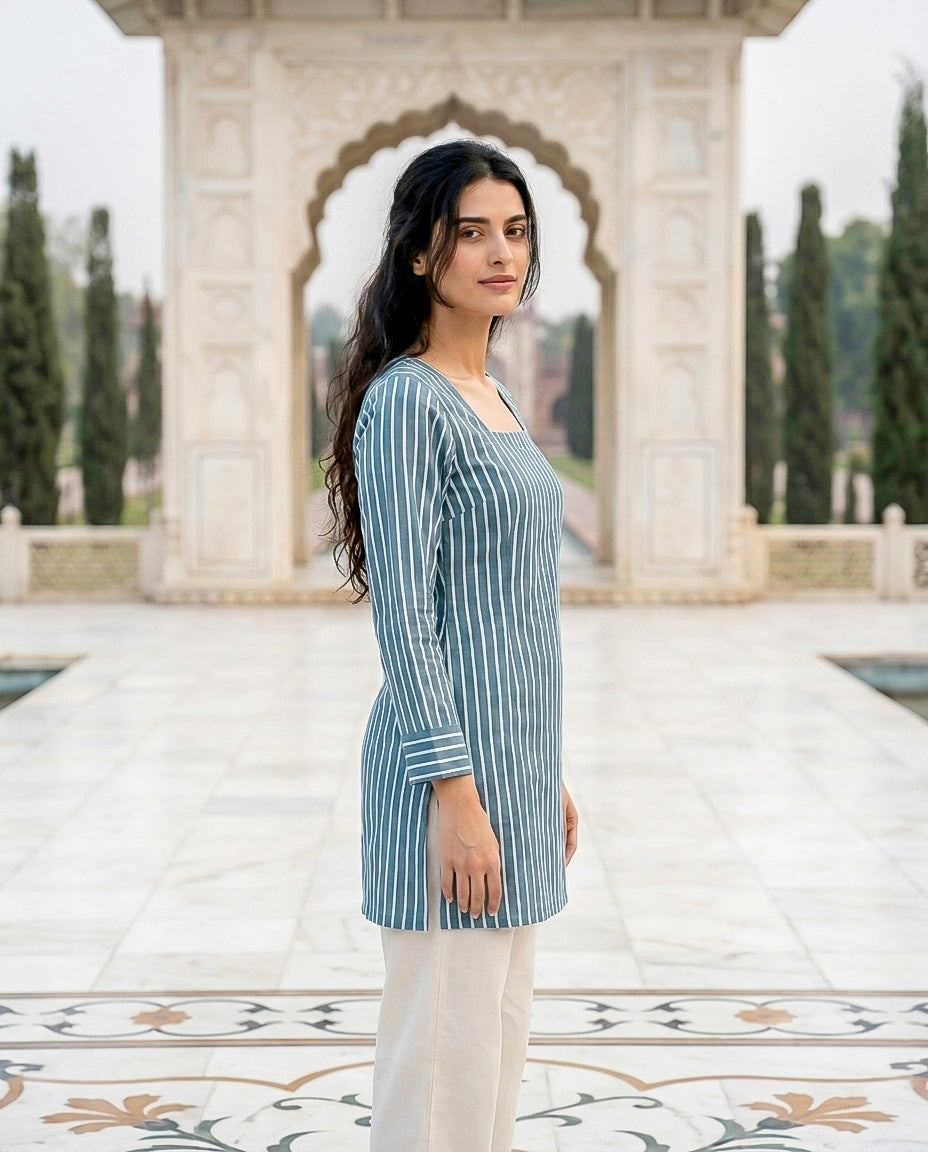 Aqua Handblock Cotton Short Kurta with Back Dori — side view