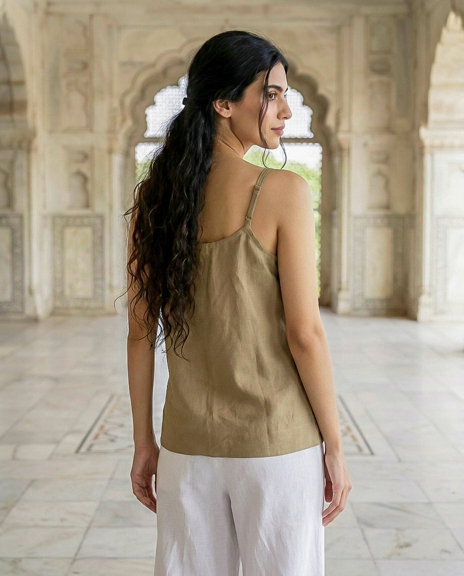 Olive Linen Cotton Noodle-Strap Top — back view