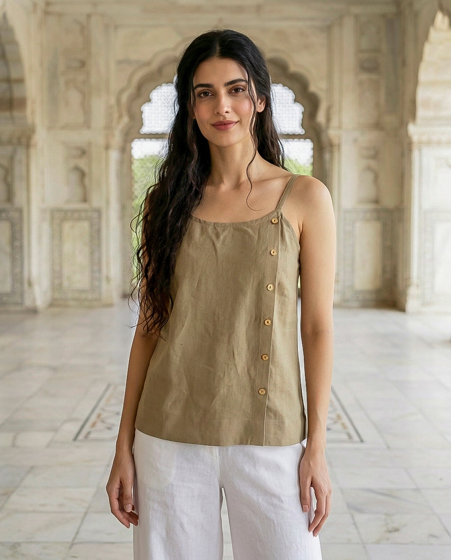 Olive Linen Cotton Noodle-Strap Top — front view