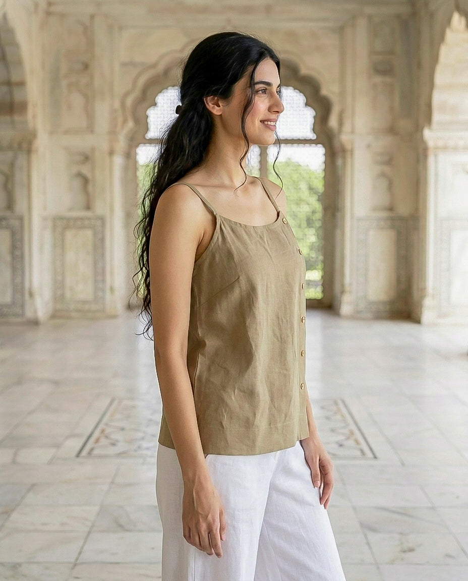 Olive Linen Cotton Noodle-Strap Top — side view