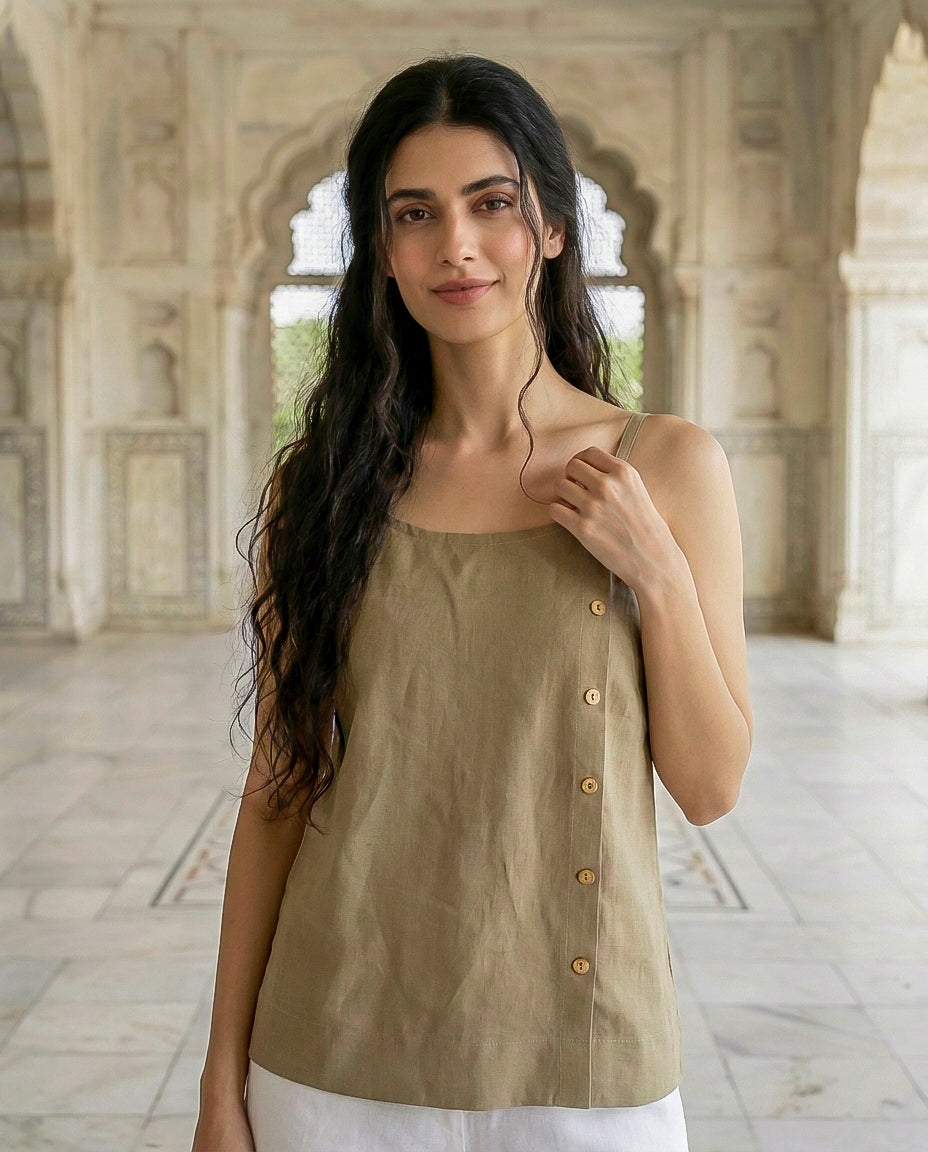 Olive Linen Cotton Noodle-Strap Top — styled look