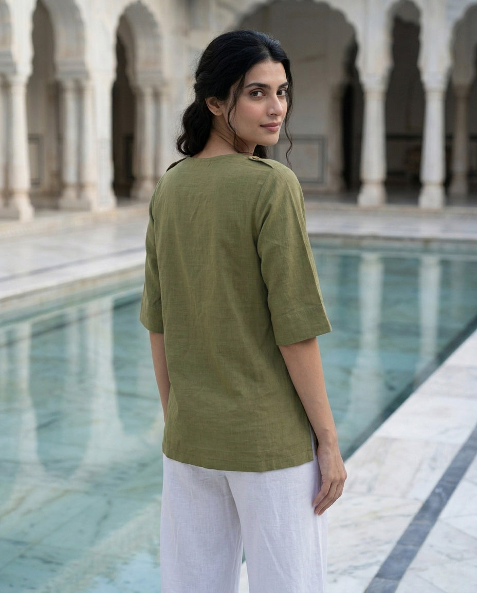 Olive Hand-Embroidered Cotton Slub V-Neck Top — back view