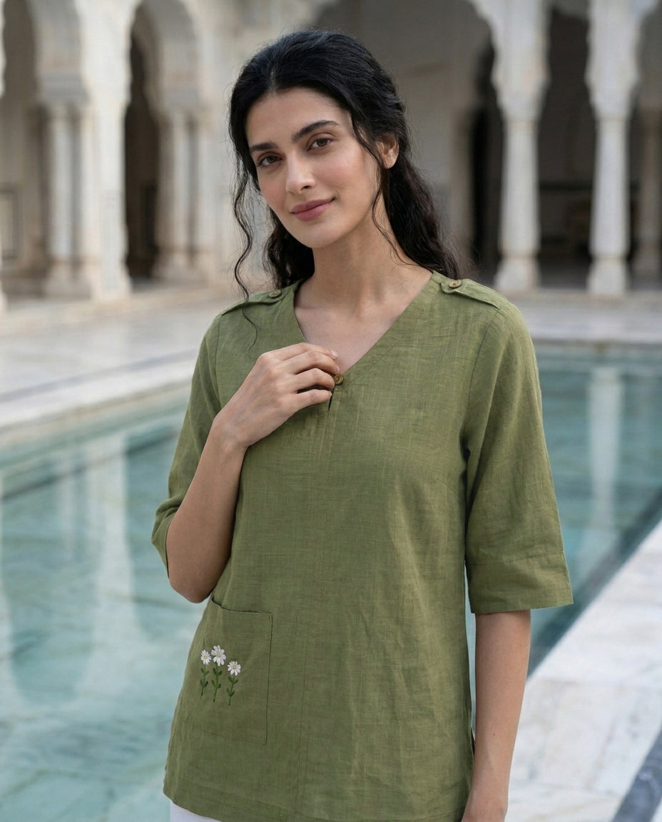 Olive Hand-Embroidered Cotton Slub V-Neck Top — styled look