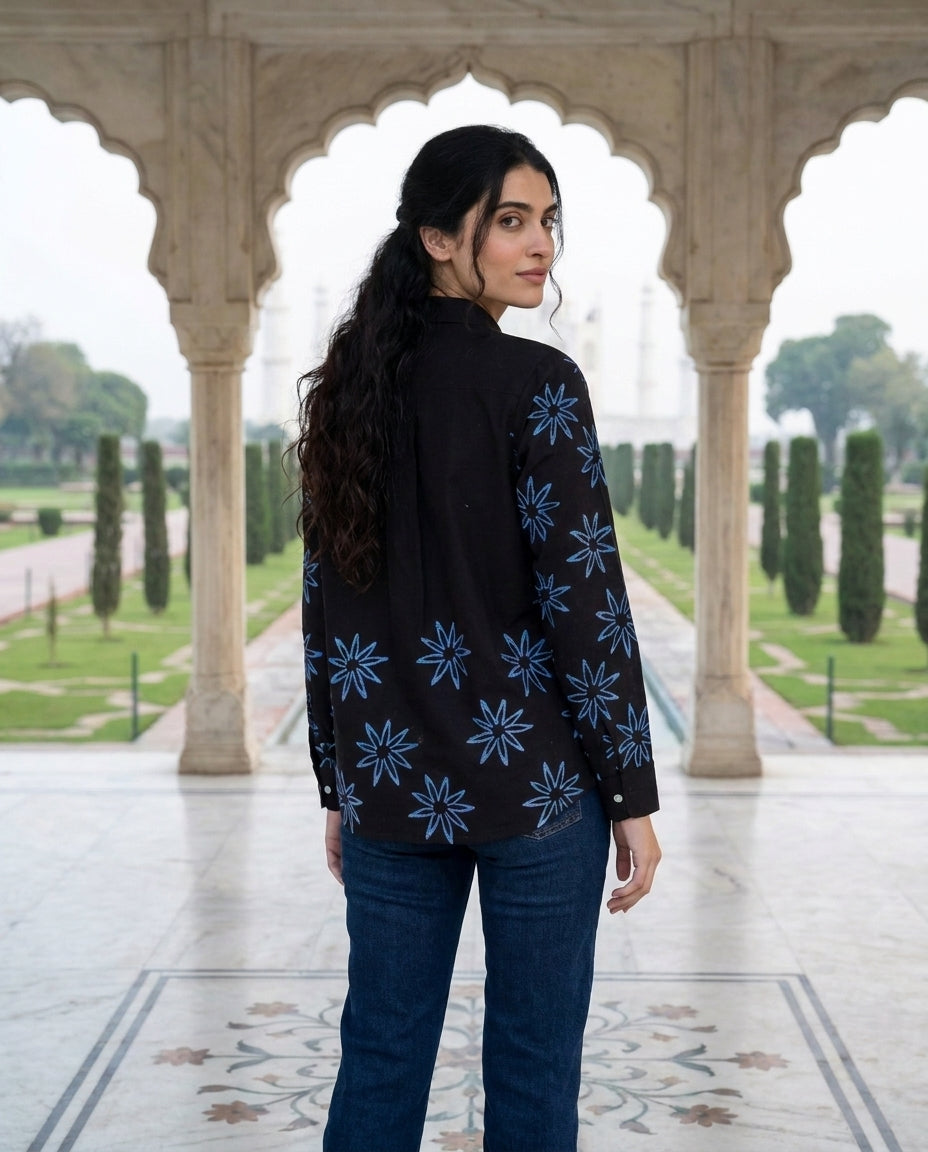 Charcoal Black Handblock Cotton Shirt Top — back view