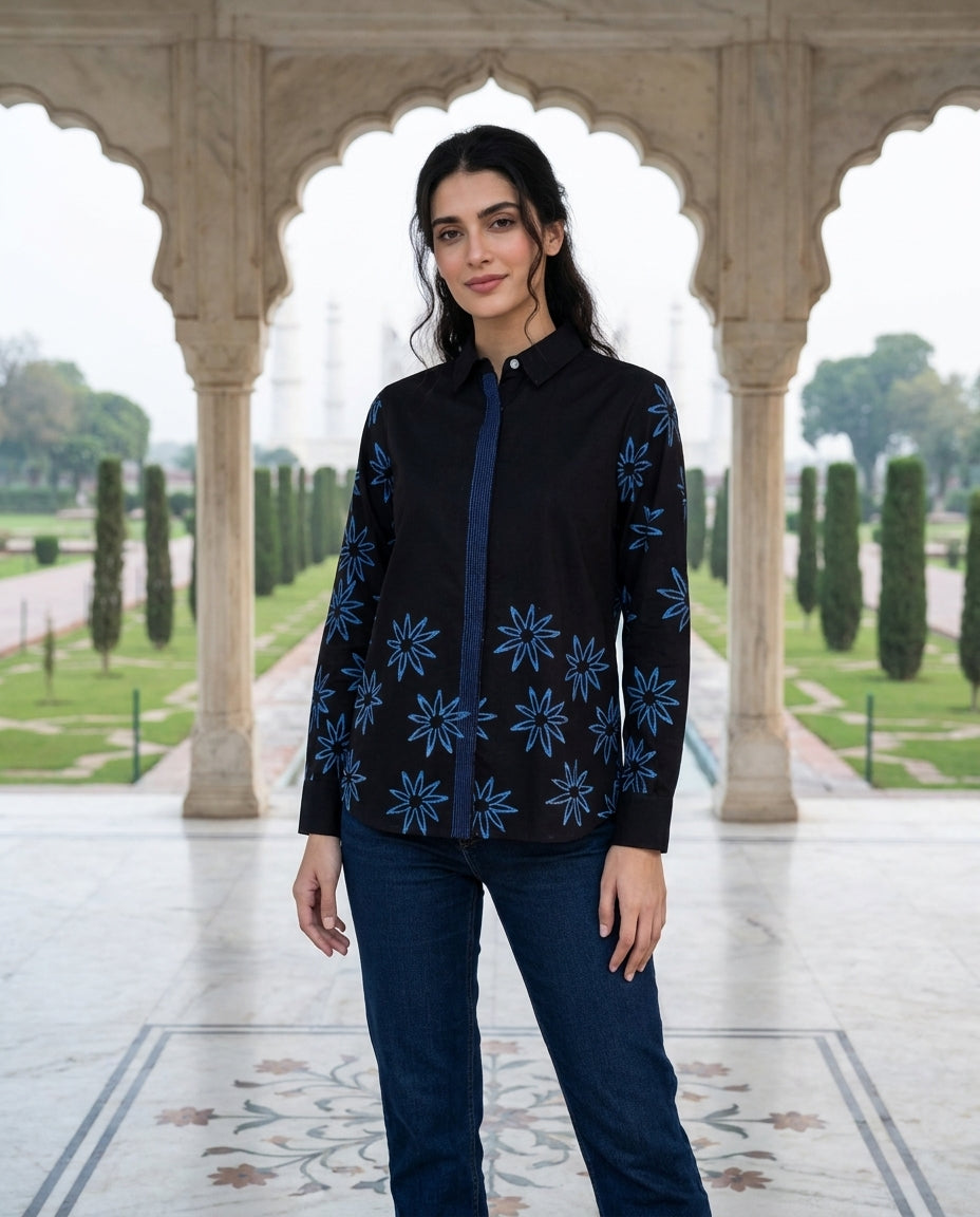 Charcoal Black Handblock Cotton Shirt Top — front view