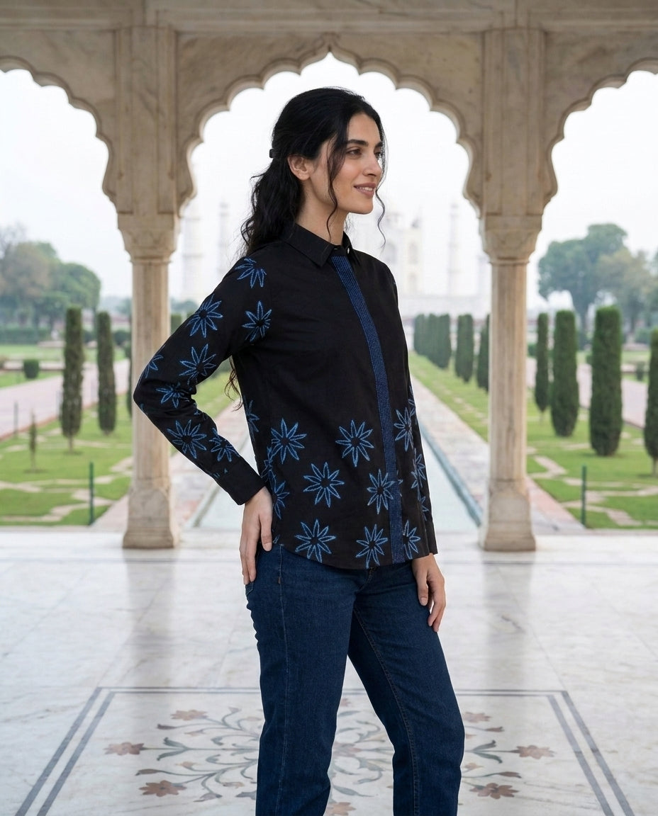 Charcoal Black Handblock Cotton Shirt Top — side view