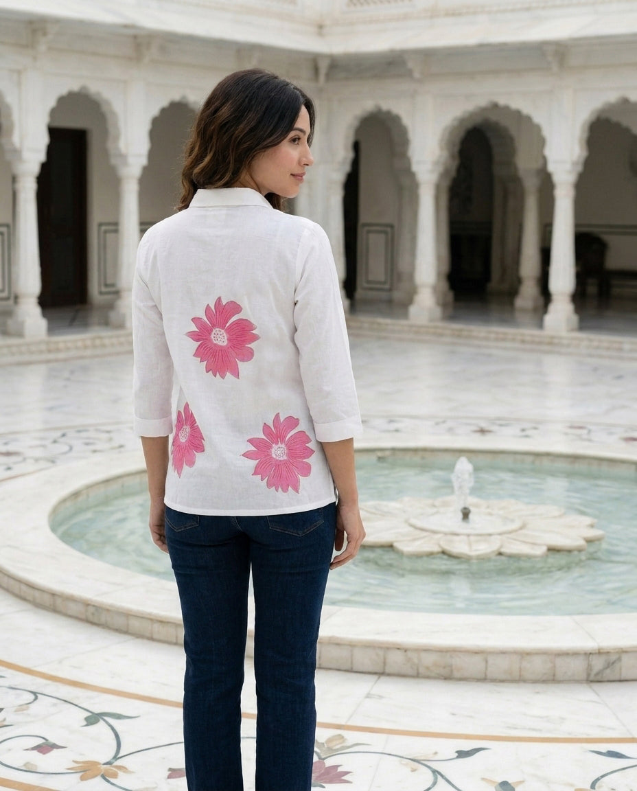 White & Pink Floral Handblock Cotton Top — back view