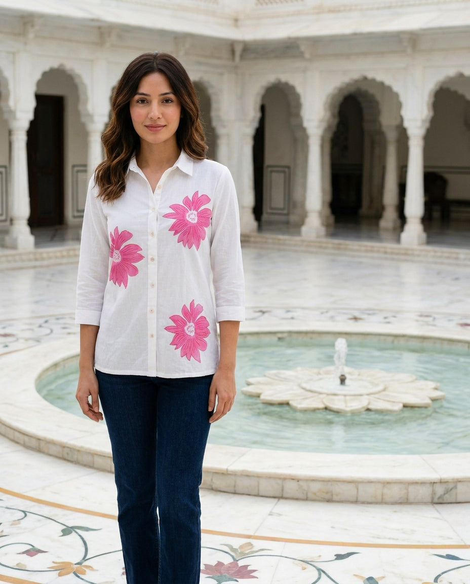 White & Pink Floral Handblock Cotton Top — front view