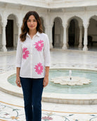 White & Pink Floral Handblock Cotton Top — front view