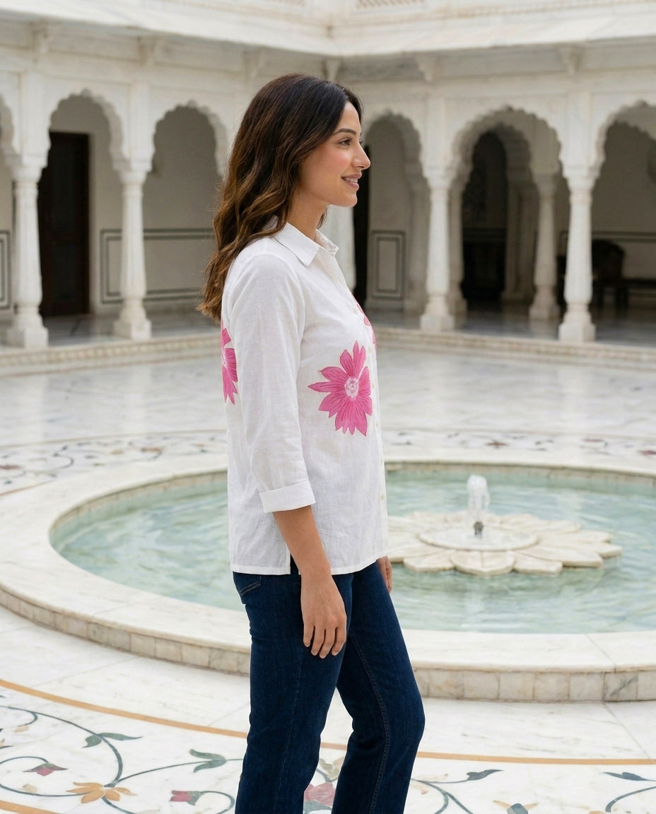 White & Pink Floral Handblock Cotton Top — side view