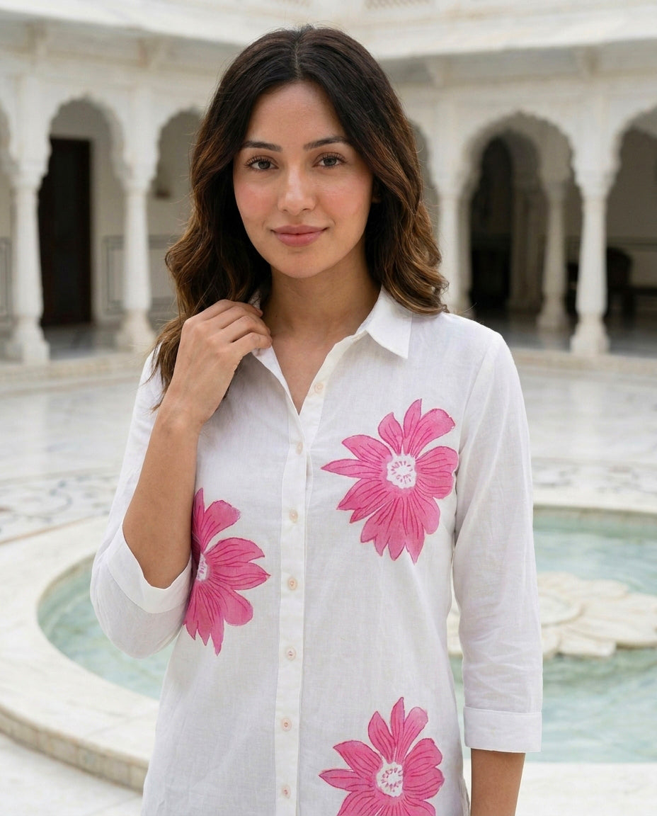 White & Pink Floral Handblock Cotton Top — styled look