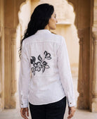 White Hand-Painted Floral Cotton Slub Shirt Top — hand-painted floral back detail