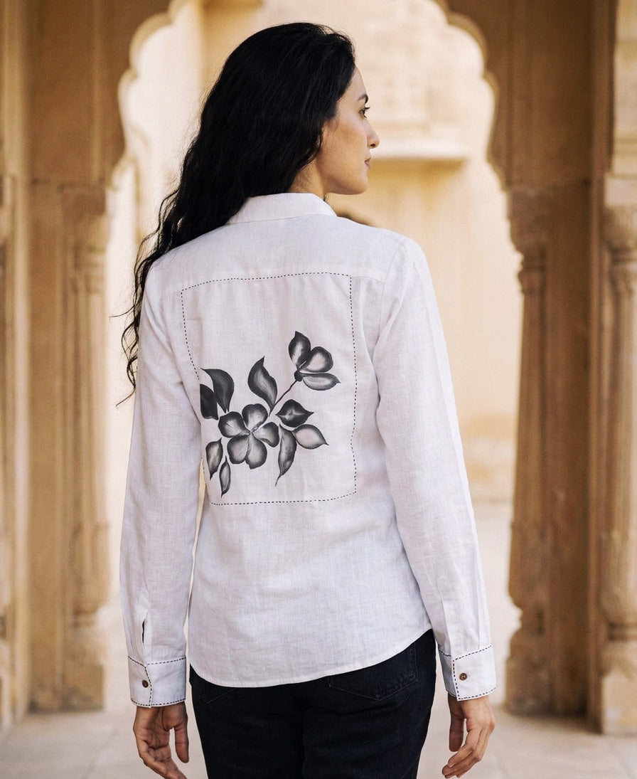 White Hand-Painted Floral Cotton Slub Shirt Top — hand-painted floral back detail