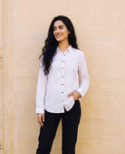White Hand-Painted Floral Cotton Slub Shirt Top — front view