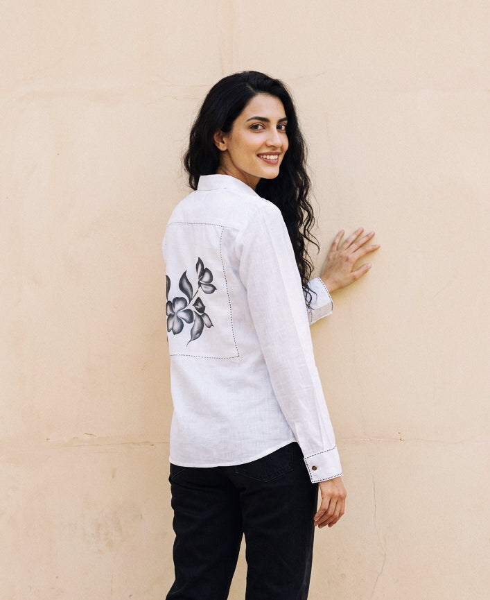 White Hand-Painted Floral Cotton Slub Shirt Top — back view