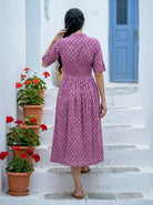 Purple Handblock Cotton Mandarin-Collar Dress with Elastic Back — back view