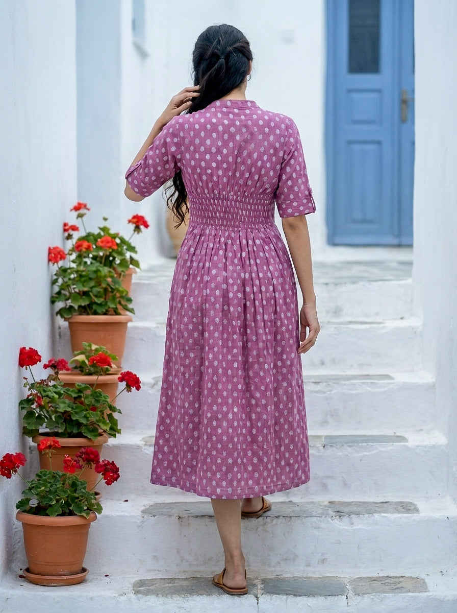Purple Handblock Cotton Mandarin-Collar Dress with Elastic Back — back view