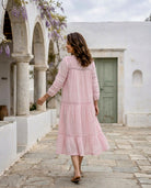 Pink Kota Doriya Round-Neck Dress with Lacey Sleeves — back view