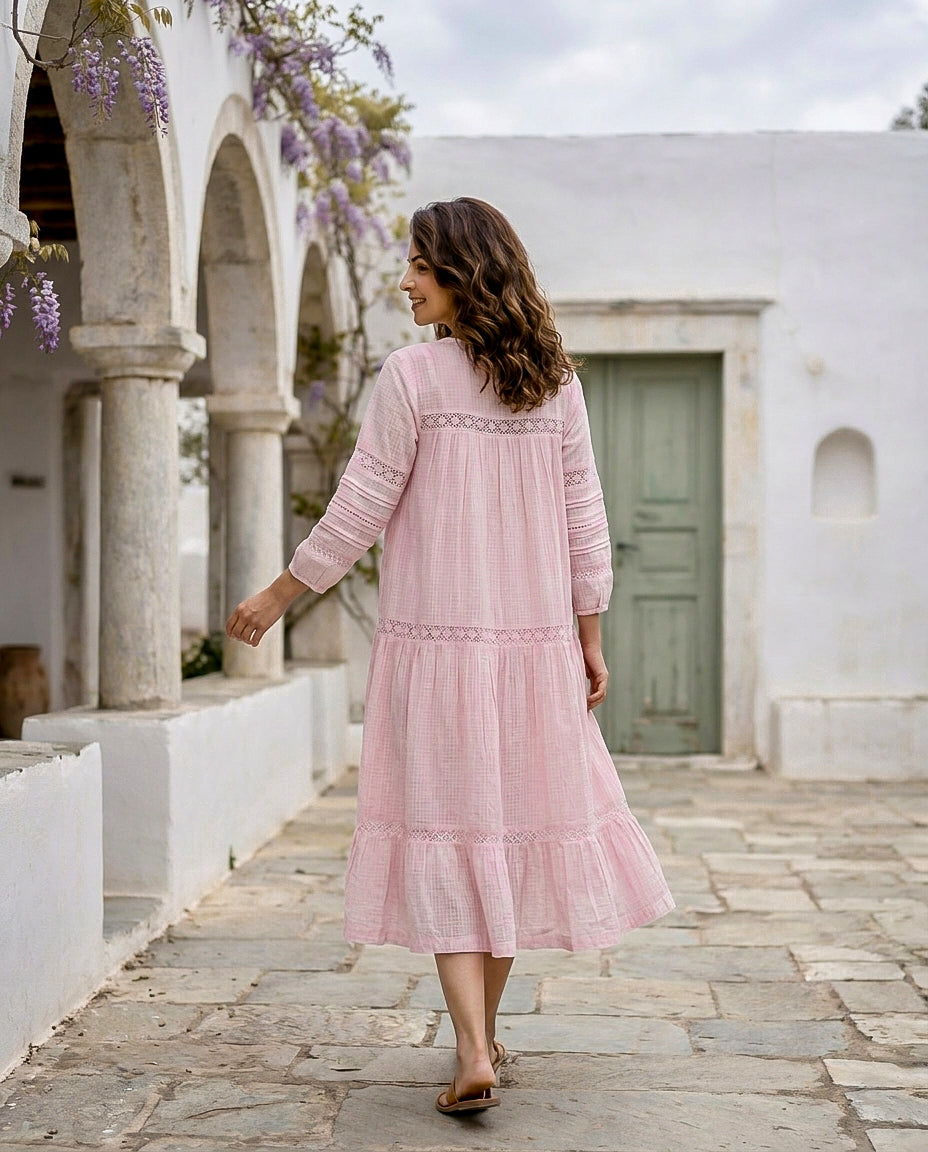 Pink Kota Doriya Round-Neck Dress with Lacey Sleeves — back view