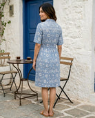 Blue Handblock Cotton Collar-Neck Straight Dress — back view