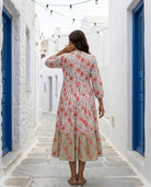 White & Peach Floral Handblock Tiered Cotton Dress — back view