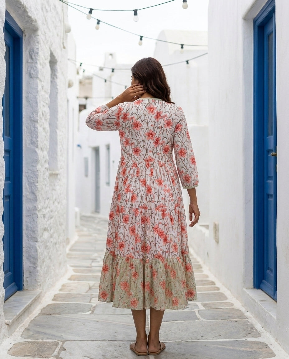 White & Peach Floral Handblock Tiered Cotton Dress — back view