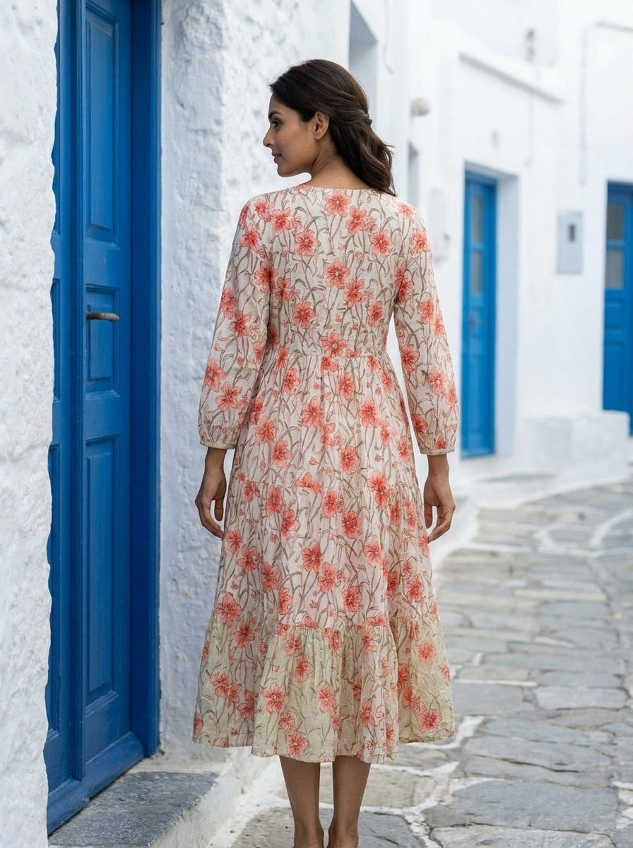 White & Peach Floral Handblock Tiered Cotton Dress — back view