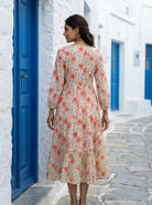 White & Peach Floral Handblock Tiered Cotton Dress — back view