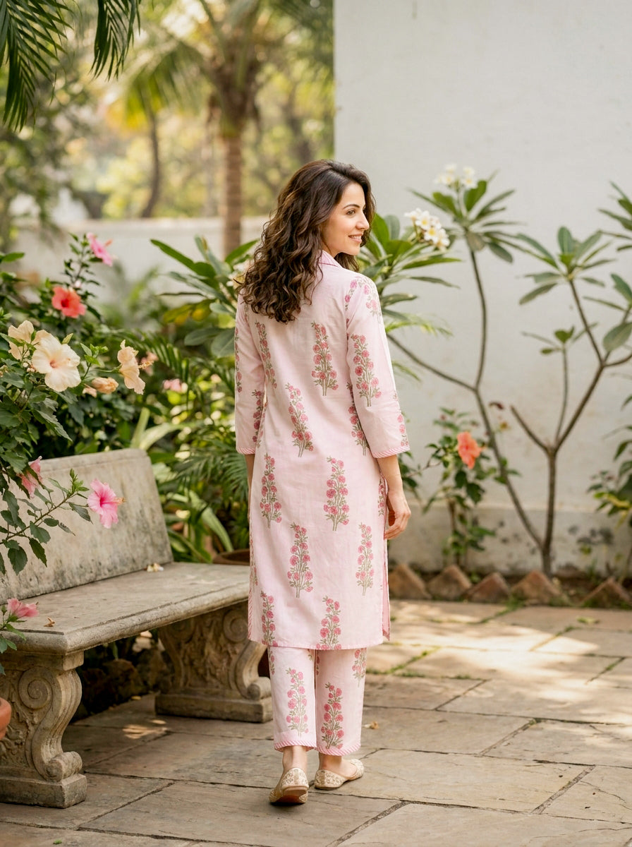 Baby Pink Floral Handblock Cotton Co-ord Set — back view