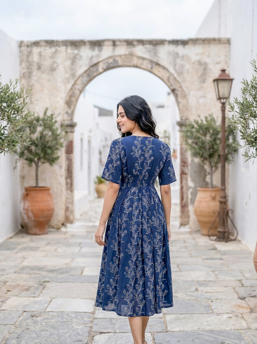 Indigo Botanical Handblock Cotton Fit-and-Flare Dress — back view