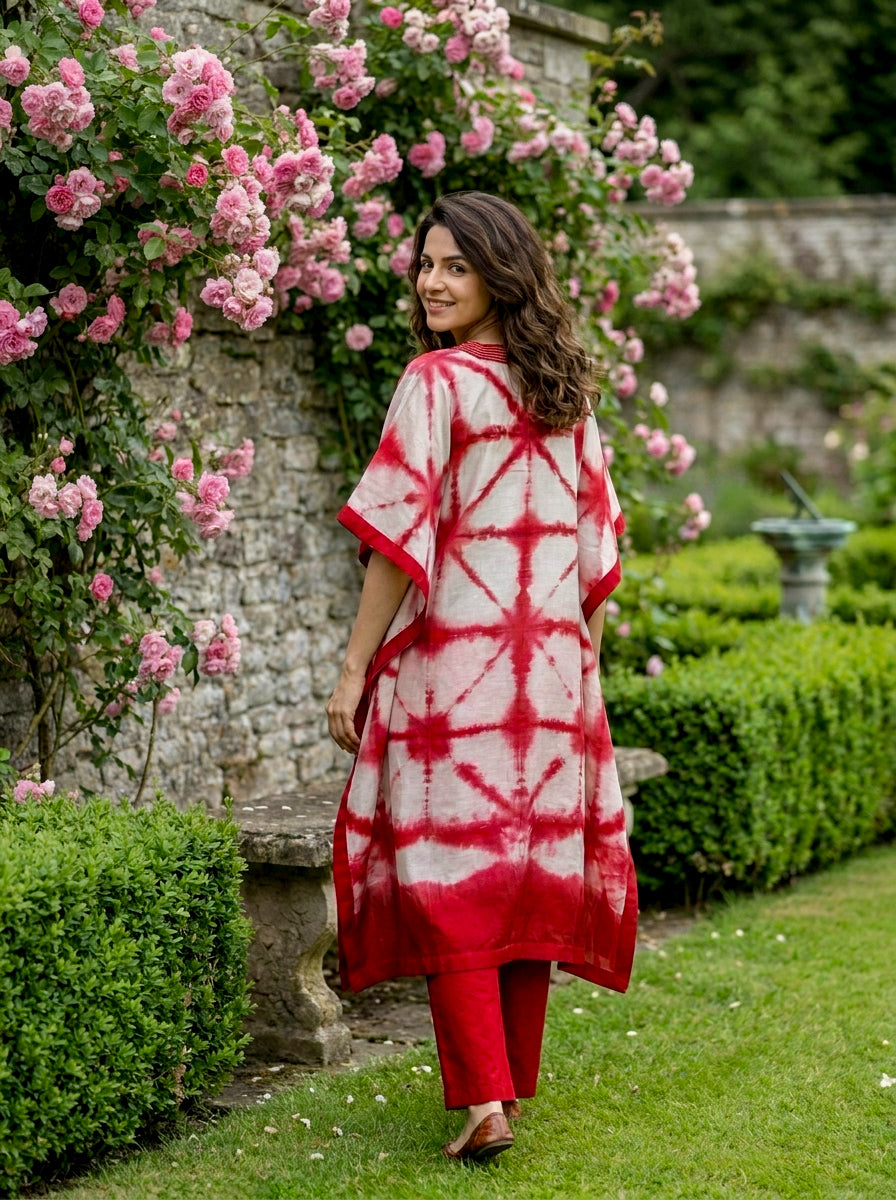 Coral Red Tie-Dye Cotton Kaftan with Pants — view 3