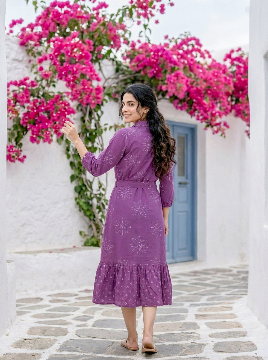 Lilac Bandhej Handblock Cotton Collared Tiered Dress — back view