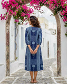 Indigo Handblock Cotton Dress with Round Collar — back view