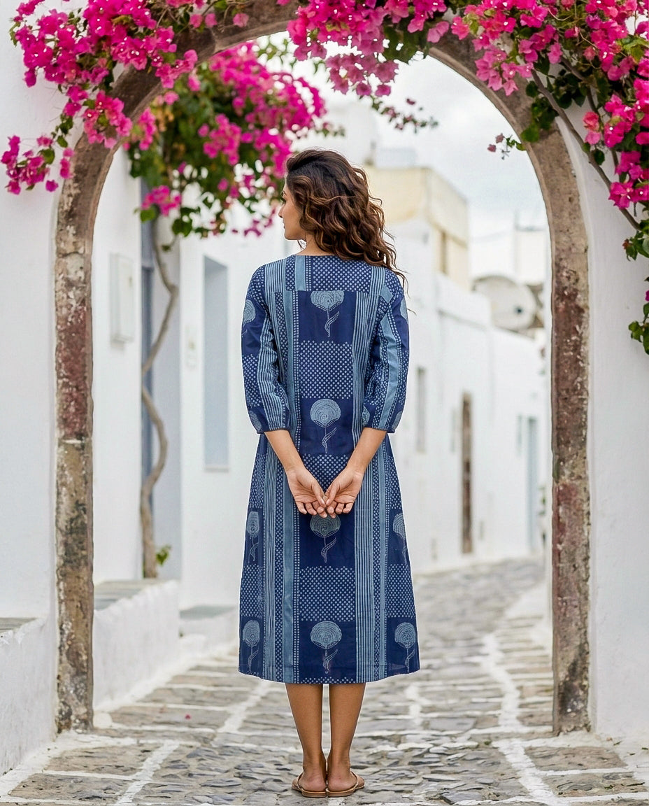 Indigo Handblock Cotton Dress with Round Collar — back view