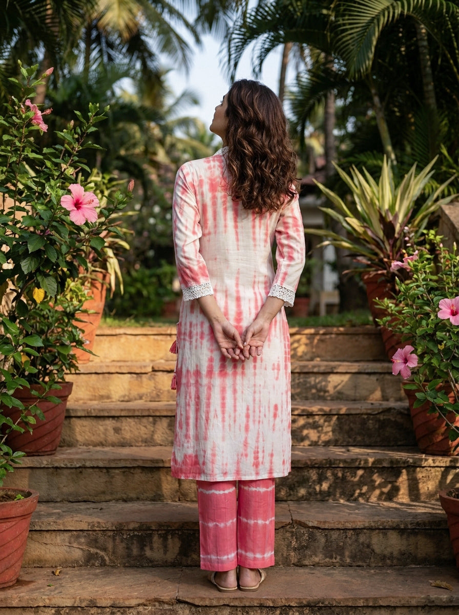Coral Tie-Dye Cotton Co-ord Set with Lace Trim — back view