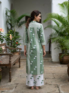 Sage Green Floral Handblock Cotton Co-ord Set with White Palazzo — back view