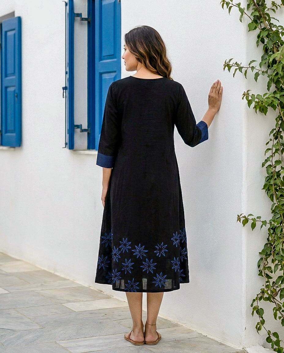 Black Handblock Cotton Round-Neck Flowy Dress — back view