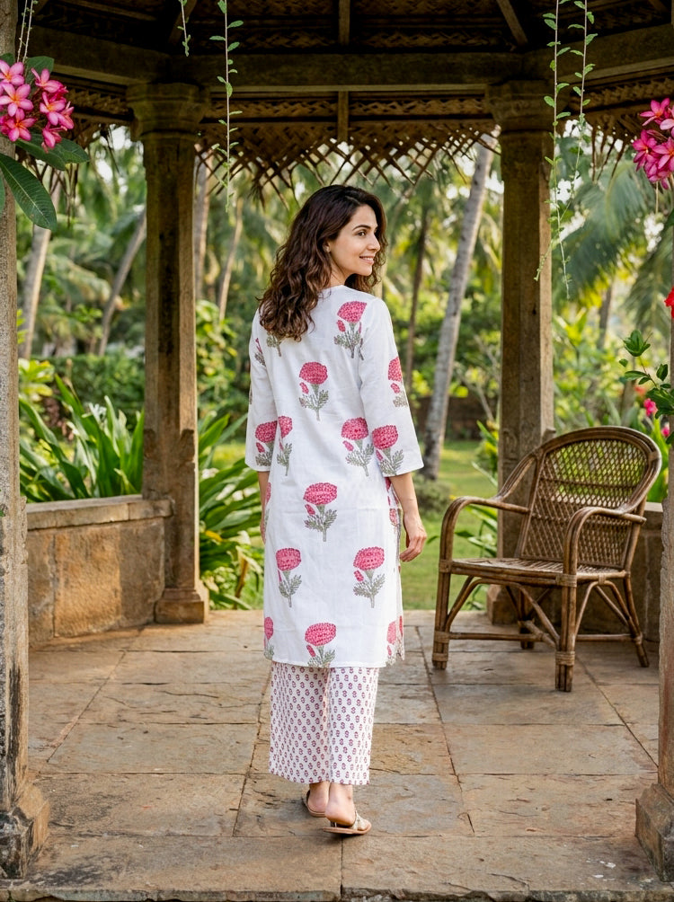 Ivory & Pink Rose Handblock Cotton Co-ord Set — back view