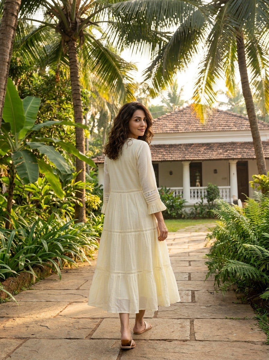 Ivory Kota Doria Tiered Cotton Dress with Lace Inserts — back view