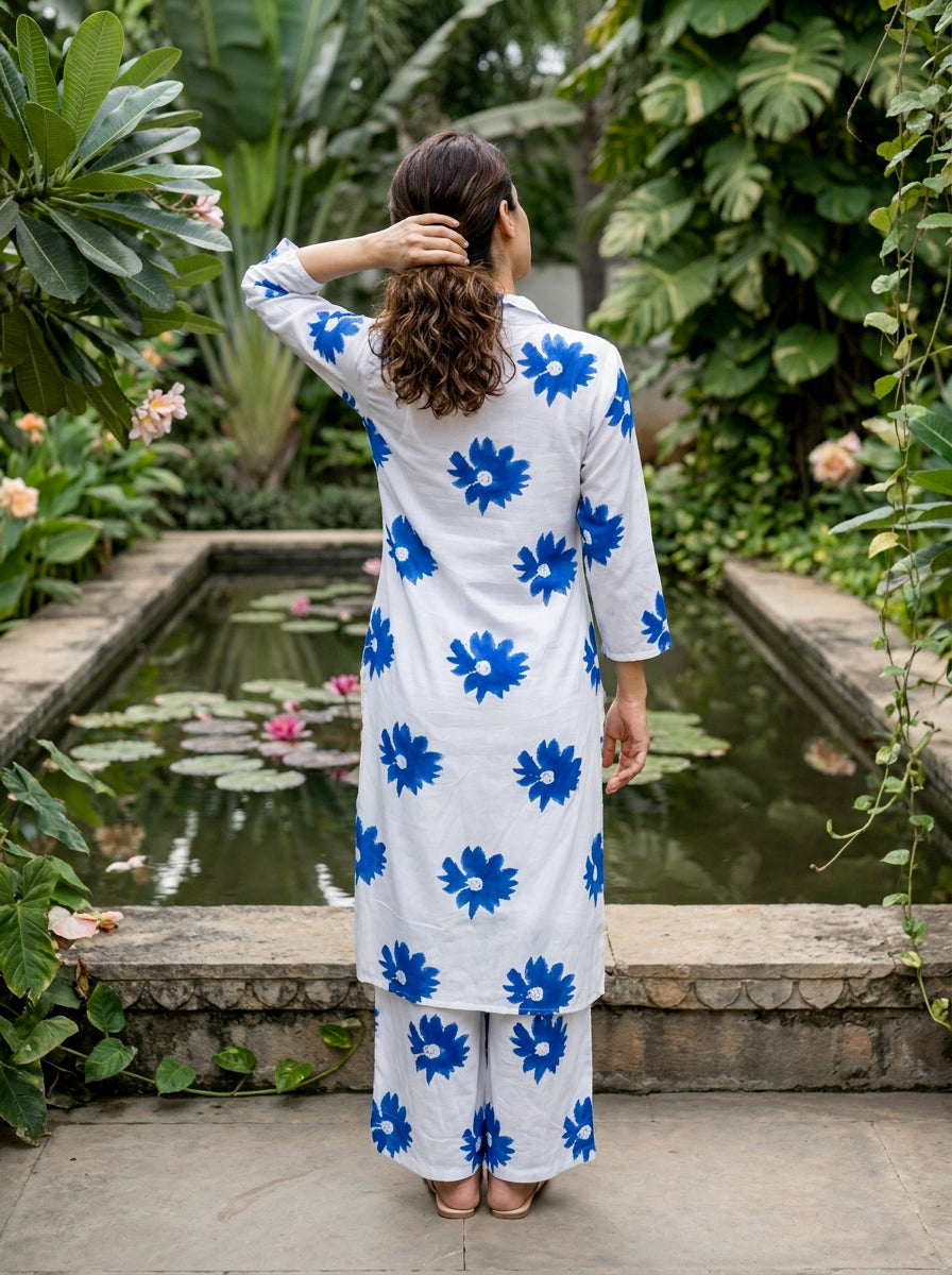 White & Cobalt Daisy Handblock Cotton Co-ord Set — back view