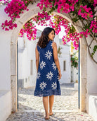 Indigo Handblock Sleeveless Cotton V-Neck Dress — back view