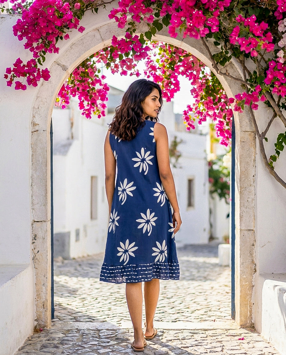 Indigo Handblock Sleeveless Cotton V-Neck Dress — back view