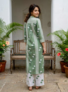 Sage Green Floral Handblock Cotton Co-ord Set with White Palazzo — back view