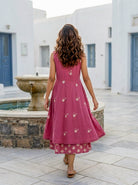 Pink Handblock Sleeveless Double-Layered Cotton V-Neck Dress — back view