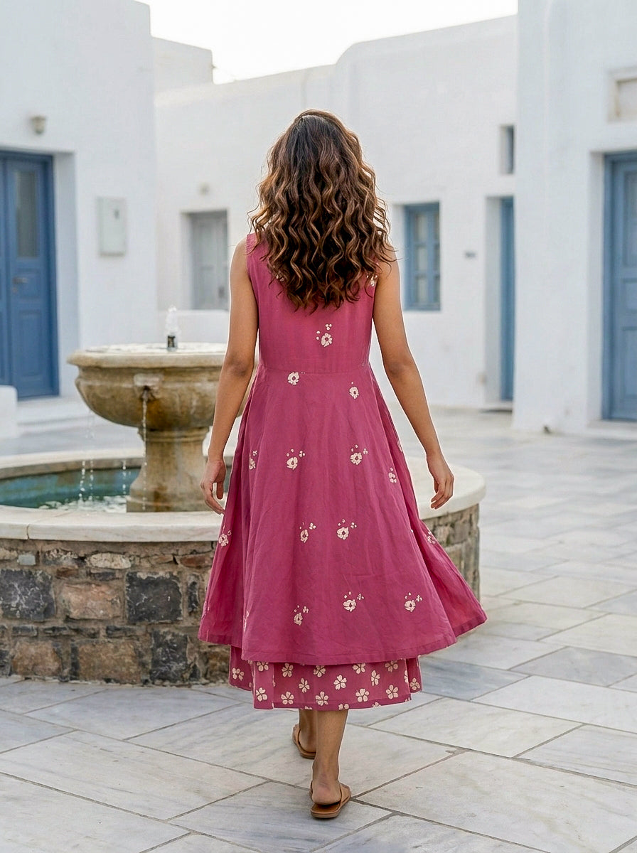 Pink Handblock Sleeveless Double-Layered Cotton V-Neck Dress — back view