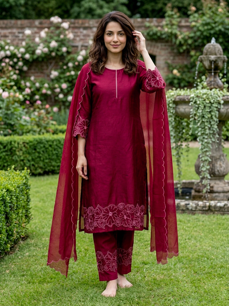 Wine Red Embroidered Chanderi Silk Suit Set with Pants & Dupatta — full set view