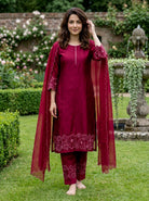 Wine Red Embroidered Chanderi Silk Suit Set with Pants & Dupatta — full set view