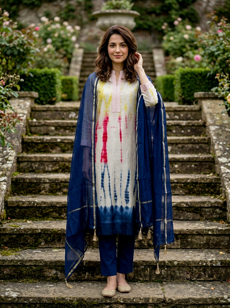 Ivory Tie-Dye Cotton Kurta with Blue Pants & Chanderi Dupatta — view 1