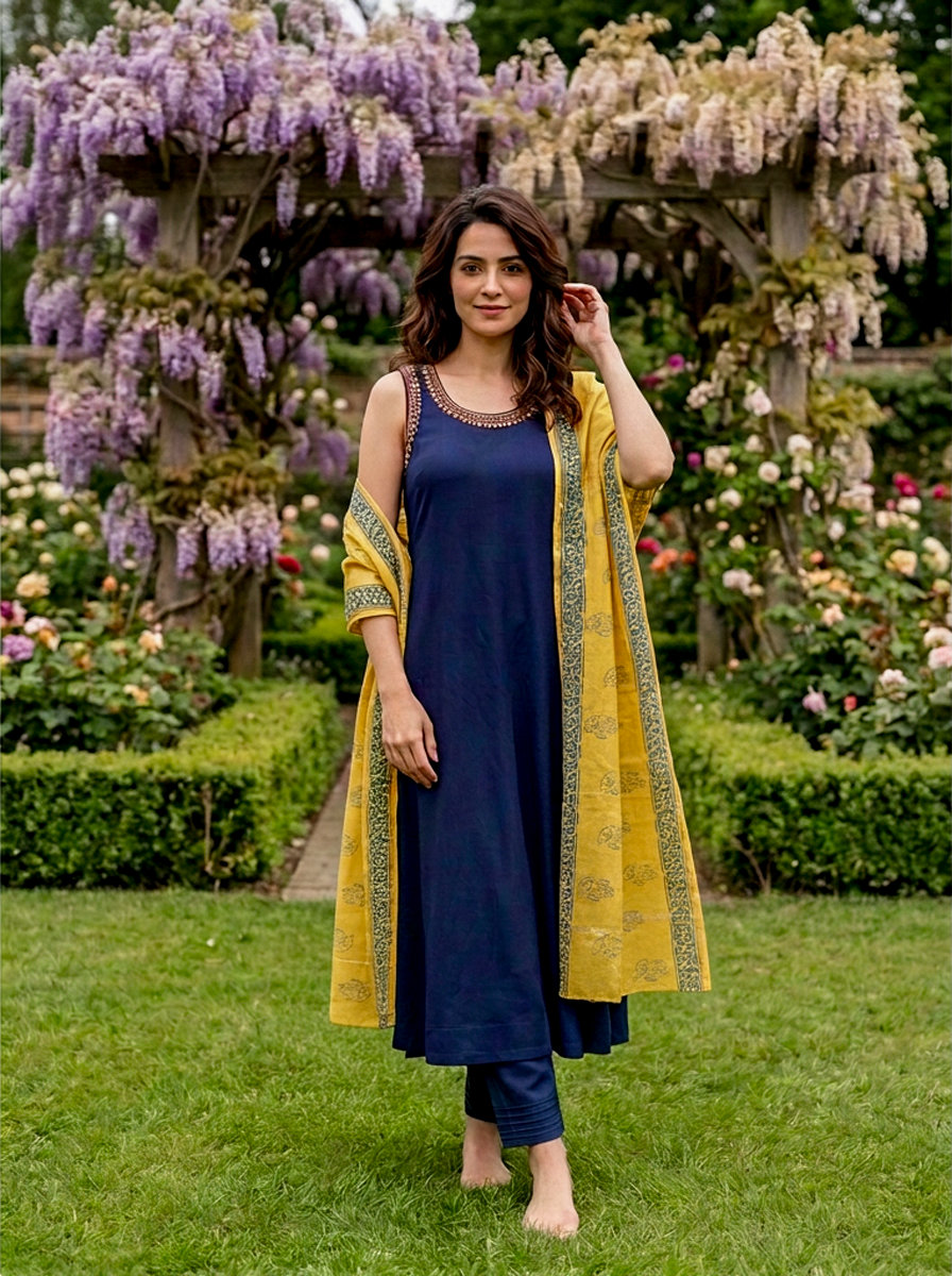 Indigo Modal Kurta with Pants & Mustard Chanderi Dupatta — view 1