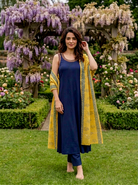 Indigo Modal Kurta with Pants & Mustard Chanderi Dupatta — view 1